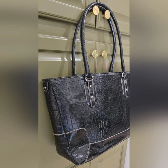 NWOT black crocodile pleather shoulder tote briefcase bag - Picture 3 of 9